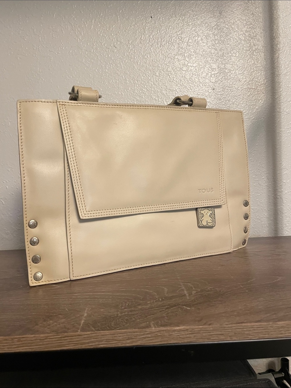 TOUS Cream Leather Shoulder Satchel with Stud Accents